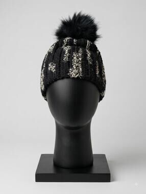 Handmade Black Cream Crocheted Winter Beanie Faux Fur Pom Pom Knit Hat